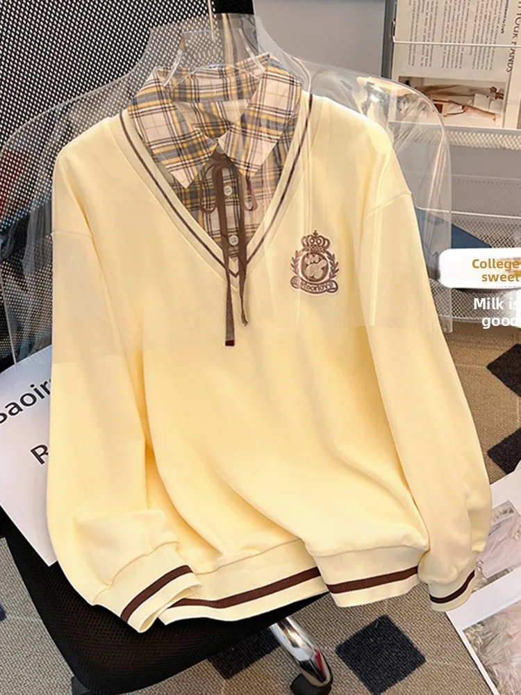 

Korean Sle round Ne Printed Sweatirt Women's Spring Faion Loose Slimming Ladies Trendy Top Two-Piece Look Casual Wear