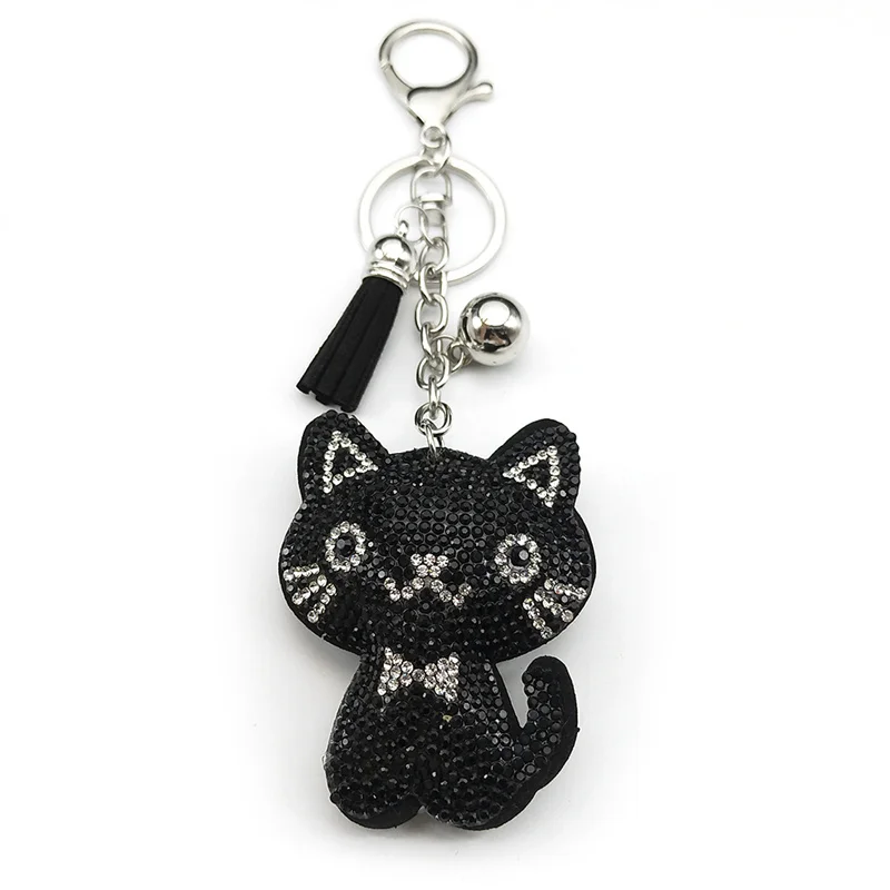 Black Cute Kitty Bowknot Keychain For Women Men Rhinestone Tassel Female Bag Decoration Cat Animal Keyring Jewelry Gifts