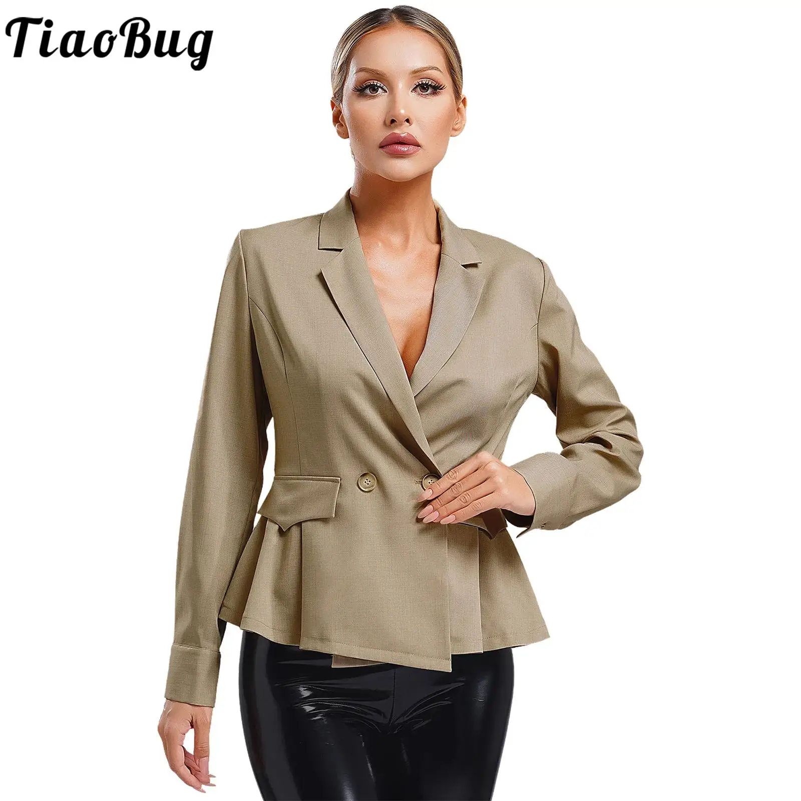 Women Lapel Button Peplum Blazer Tops Solid Color Long Sleeve Dressy Jacket Coat for Business Work Office Cocktail Party