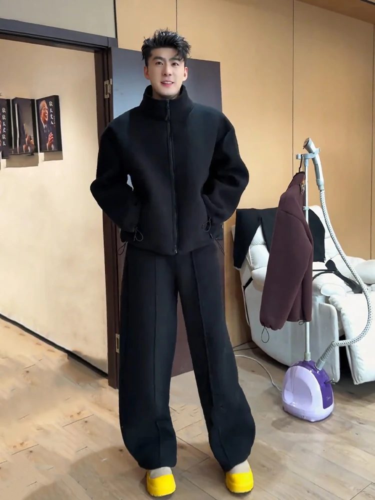 

Double-Sided Fce Sports Suit for Men Stand Collar Warm Pants Winter Faion Set Long Sve Long Pants Youth Suitable