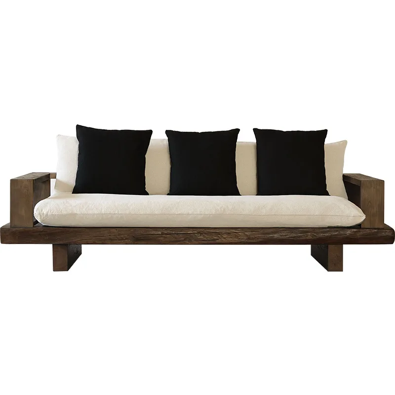 Japanese-style wabi-sabi wind old wood solid wood sofa, retro homestay, old wood linen cushion three-person sofa