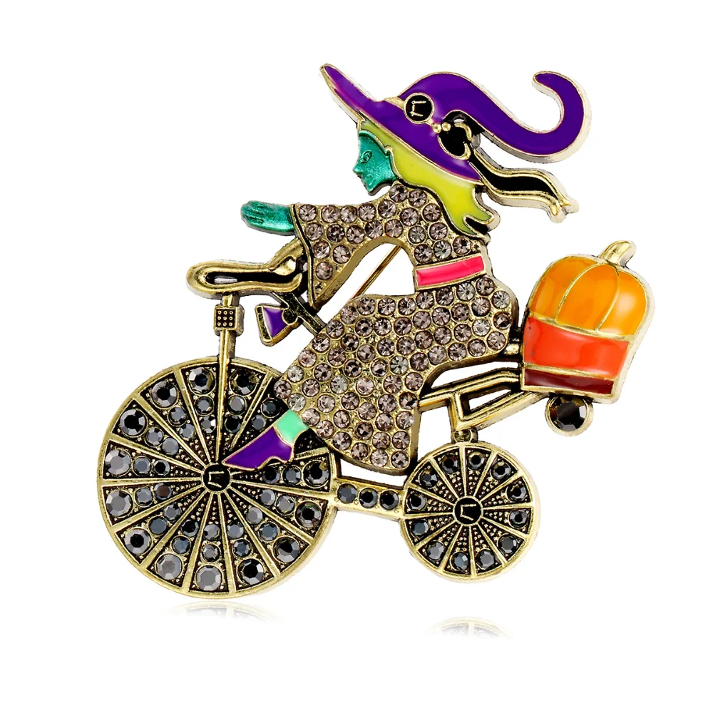 Funny Witch Riding A Bicycle Pumpkin Brooch Drip Oil Creative Halloween Cartoon Funny Pin Accessories