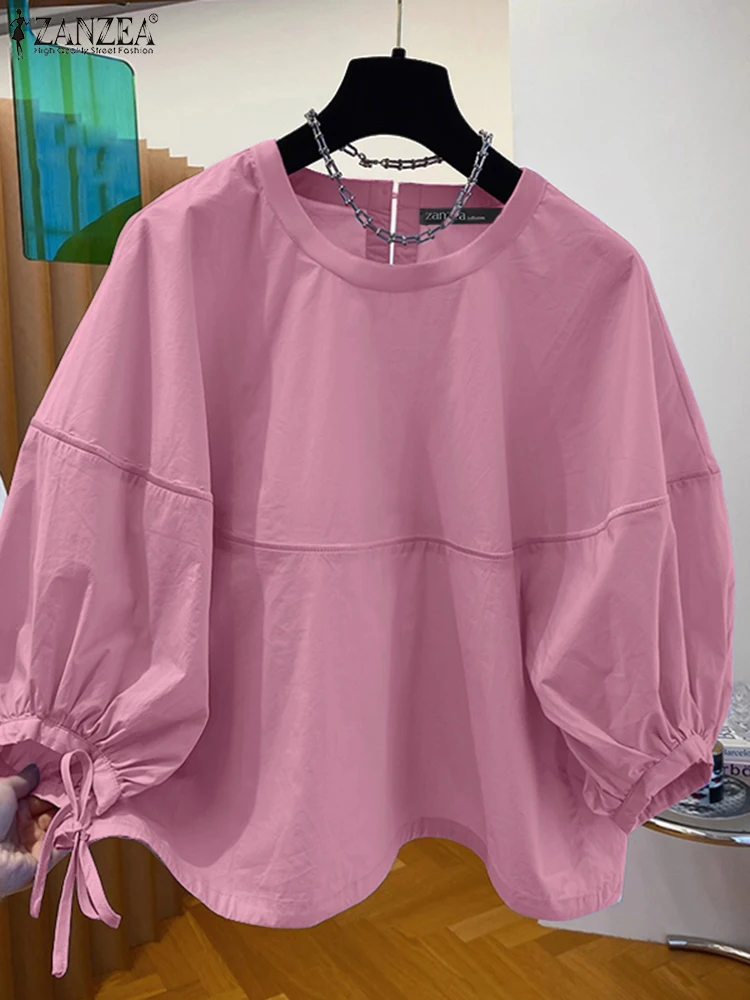 2025 ZANZEA Stylish Autumn Blouse Women Solid OL Work Tops Elegant Casual O Neck 3/4 Sleeve Office Shirt Drawstring Hem Blusas