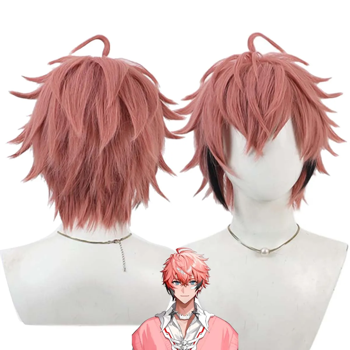

Men Virtual YouTuber VTuber Akagi Wen Cosplay Short Spiky Layered Pink Highlights Black Wig