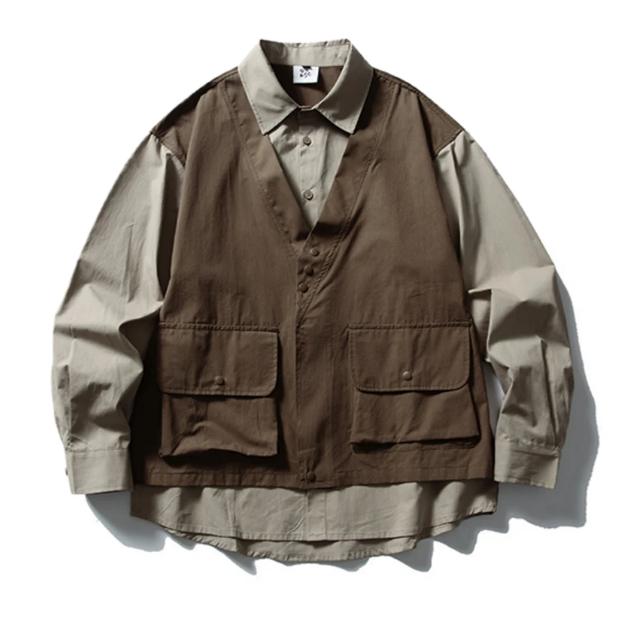 

Винтажные рубашки-карго, мужская искусственная рубашка из двух предметов с длинным рукавом для мужчин, уличная одежда большого размера, хлопковая повседневная блузка в стиле Харадзюку, пальто