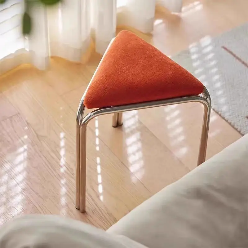 

Antique Vanity Stool Bauhaus Stainless Steel Triangular Frame Fabric Upholstered Stackable Designer Dining Stool Makeup Stool