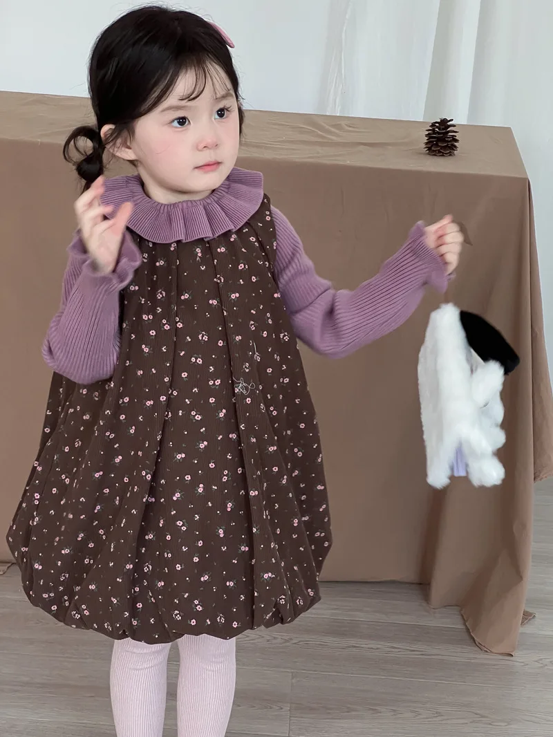 2025 Winter New Girls Padded Dress Thick Warm Children Sleeveless Corduroy Dress Baby Girl Floral Lantern Dress Kids Vest Dress