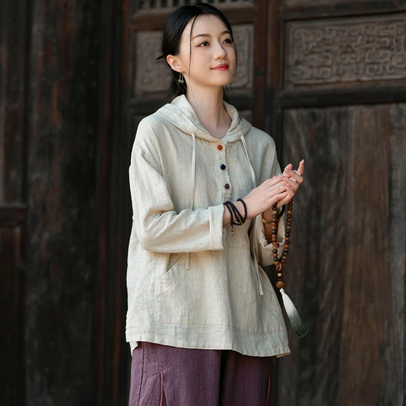 Femmes coton lin décontracté sweats à capuche nouveauté 2025 automne Style Vintage couleur unie femme à manches longues pulls à capuche M1838