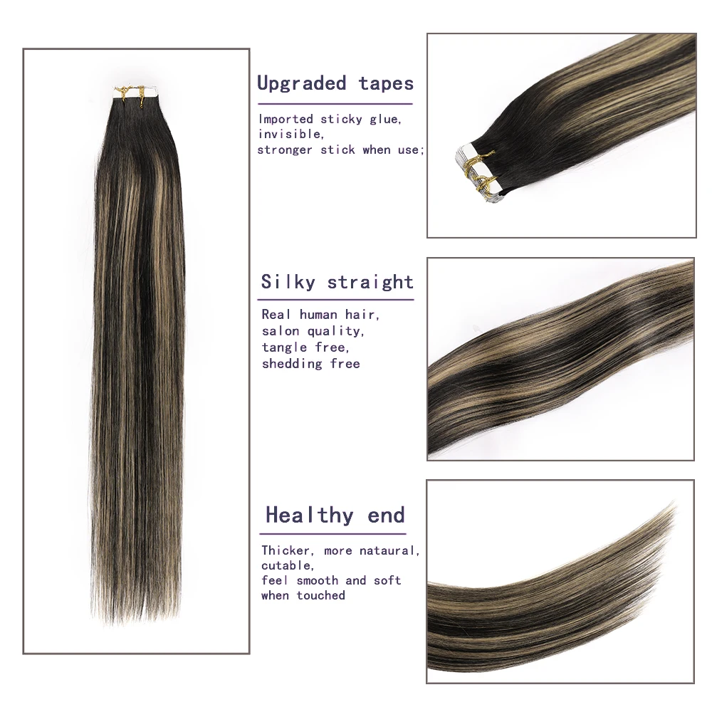 Tape in Hair Extensions Black Highlight 100% Remy Real Human Hair 14-24 Inch 20pcs 50g/pack Straight Seamless Skin Weft For Hair