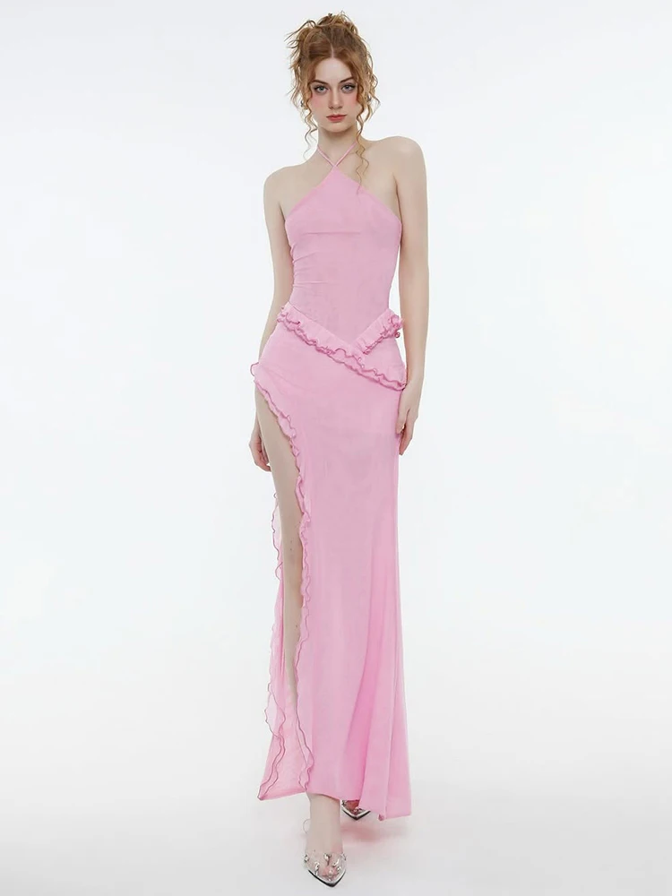 Weird Puss Lace-Up Halter Dress Women Sexy Lace Patchwork Tassel See Through Backless Side Slit Midnight Clubwear Party Vestidos