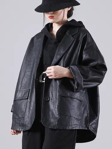 Amax luluE England Style Hooded Loose Black Leather Jacket 2021 Autumn New Women Casual Biker Coat Female Harajuku Pu Streetwear - Image 4