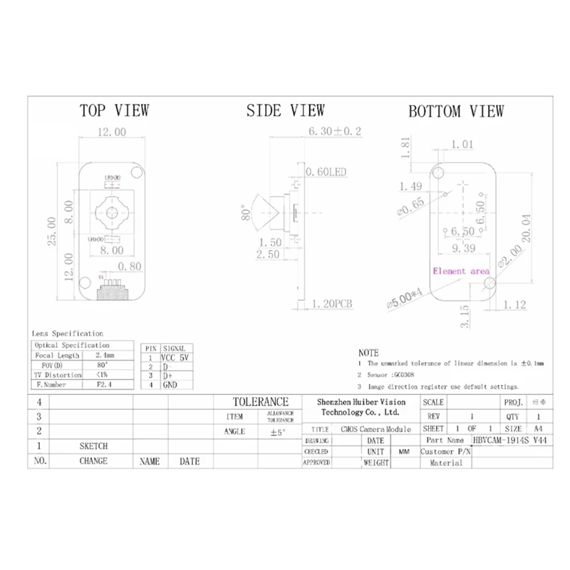 Mini Infrared Camera Module GC0308 0.3 Megapixel 1/6.5Inch 50 Degree Lens Built-in Macro
