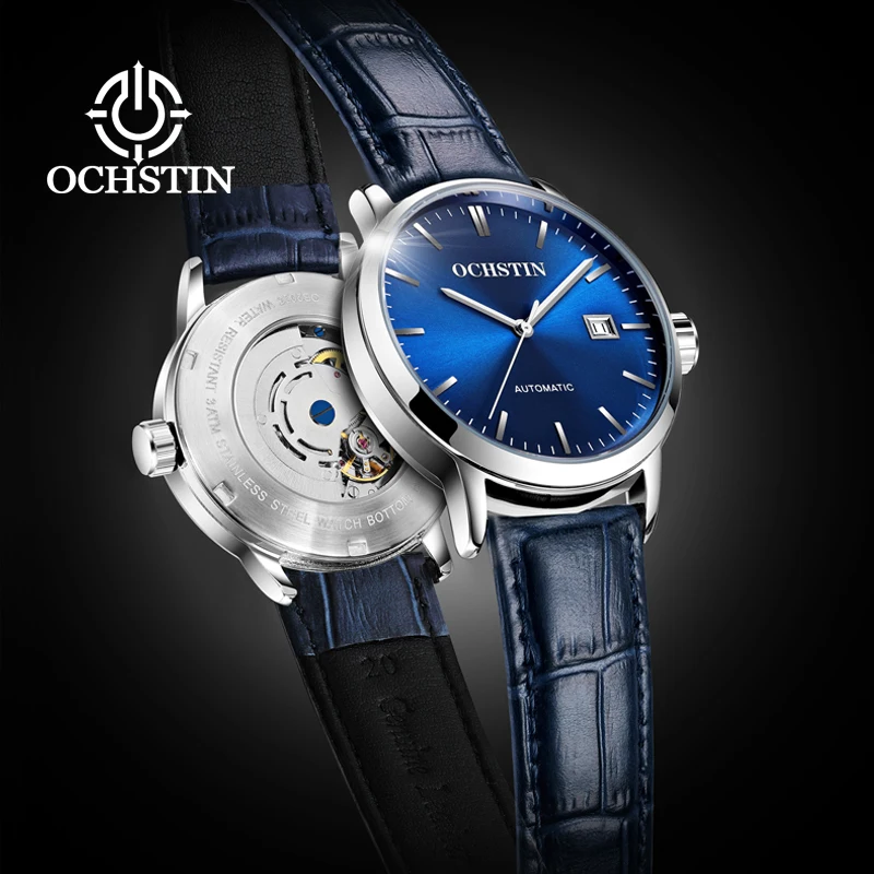 ochstin-メンズ腕時計自動機械式新しいロイヤルブルーレザーストラップ自動日付防水ドレス腕時計男性高級時計