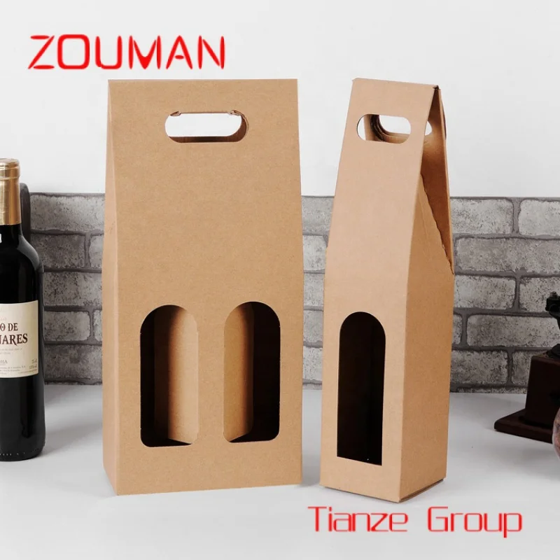 Custom , Portable Wine Kraft Paper Bag With Window Single Or Double Wine Corrugated Gift Box With Your Own Logo