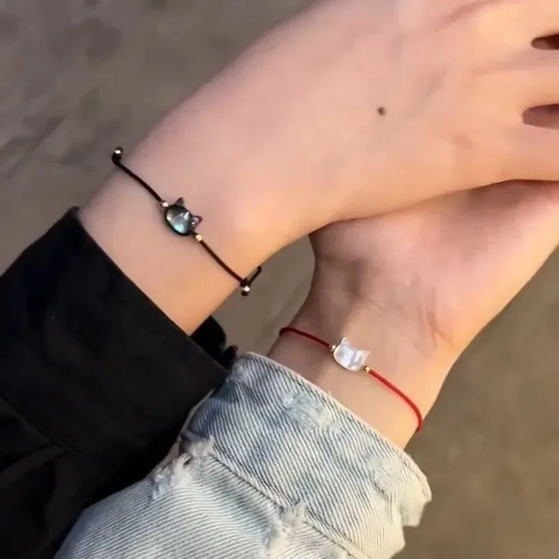 Cute Cat Bracelet Women Men Hand Woven Black Red Hand Rope Adjustable Charms Couple Bracelets Gift  Fashion Jewelry Accessories