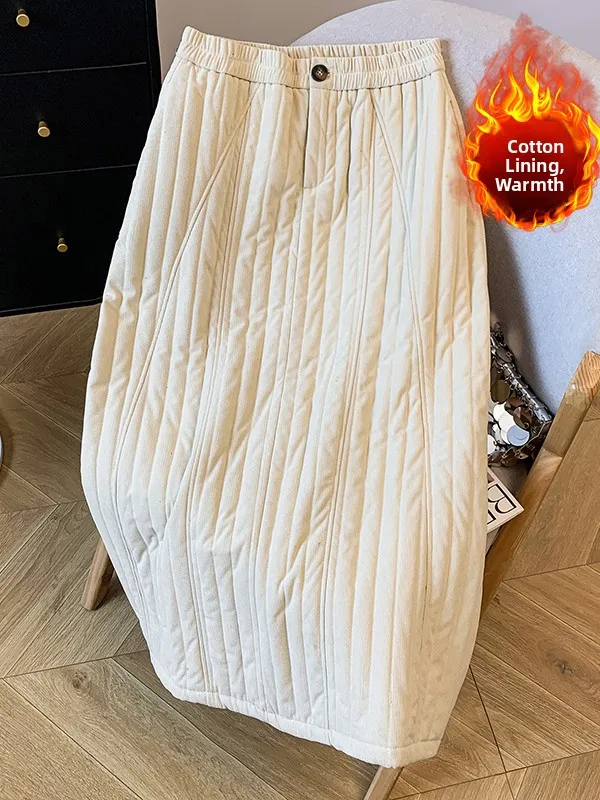 

Winter New plus Size Women's High Waist Cotton Blend Corduroy Skirt Elastic Waist A-Line Long Skirt Slimming Base Layer