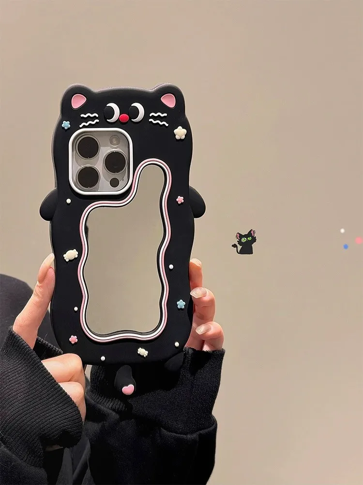 Three Dimensional Color Dot Black Cat mirror Suitable For iPhone 15 14 13 Pro Max Phone Case 12 11 Full Protective Case