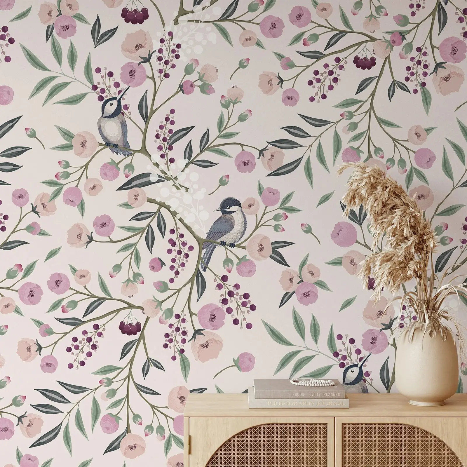 Chinoiserie Pink Peony Floral Wallpaper, Purple Chinoiserie Wallpaper For Wall, Cherry Blossom Peel and Stick Or Tradition Paper