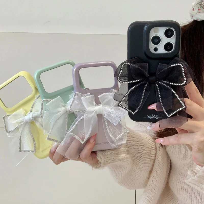 

Luxury 3D Diamond Lace Bowknot Leather Phone Case For iPhone 17 Pro 16 15 14 Pro Max Cover Fashion Cute Protective Cases For Gir