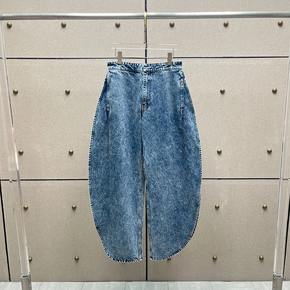 

Vintage Washed 100% Cotton Women's Jeans High Waist Oversized Curved Hem Denim Pants Y2K Streetwear Wide Leg Trousers for Ladies