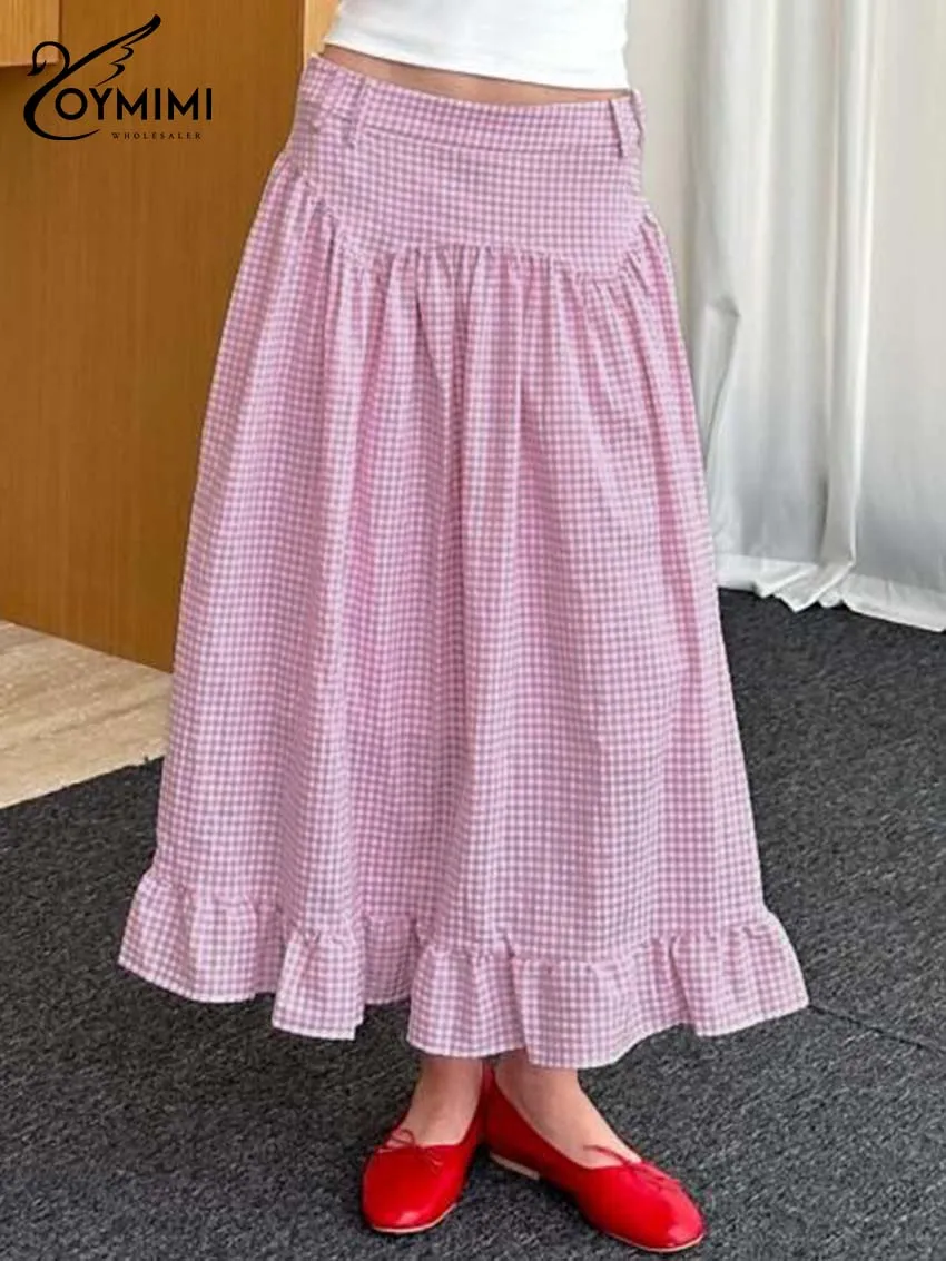 

Oymimi модные розовые юбки с принтом для женщин, элегантные свободные юбки на молнии с низкой талией, осенняя юбка до середины икры с рюшами, женская одежда