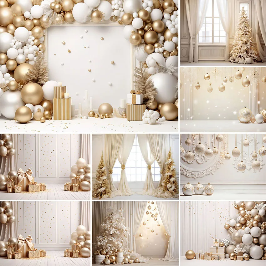Avezano Gold Christmas Backdrop Fairy Lights Interior Xmas Balls Family Children Portrait Photography Background Photo Studio