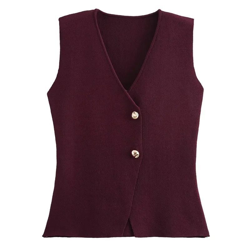 HXAO 2024 Woman Burgundy Knit Vest Women\'s Vest Fall Crop Sleeveless Waistcoat Bustier V Neck Sweaters New Knitwear Hot Cardigan