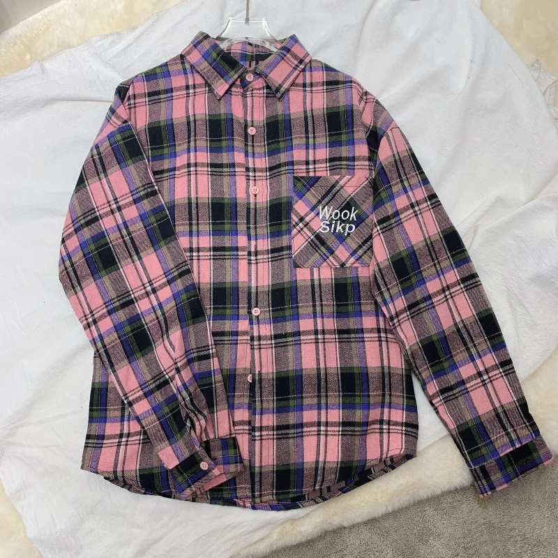 DAYIFUN 여성 핑크 체크 무늬 셔츠 미국 올 시즌 레터 포켓 긴 소매 의류 옷깃 칼라 캐주얼 다목적 탑