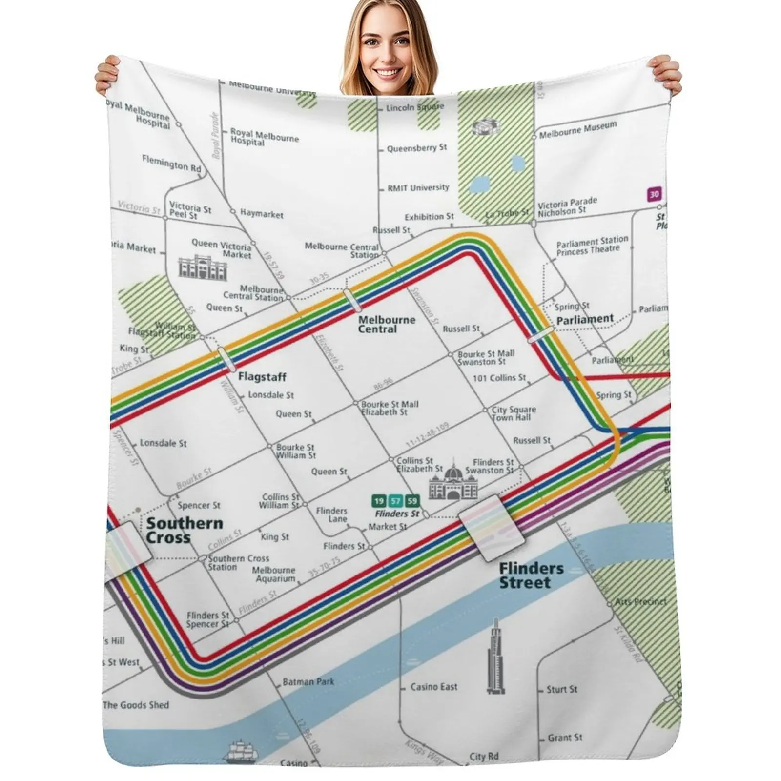 

Melbourne City Rail Map Square Throw Blanket Cozy Home Blanket Gift for Christmas Holiday