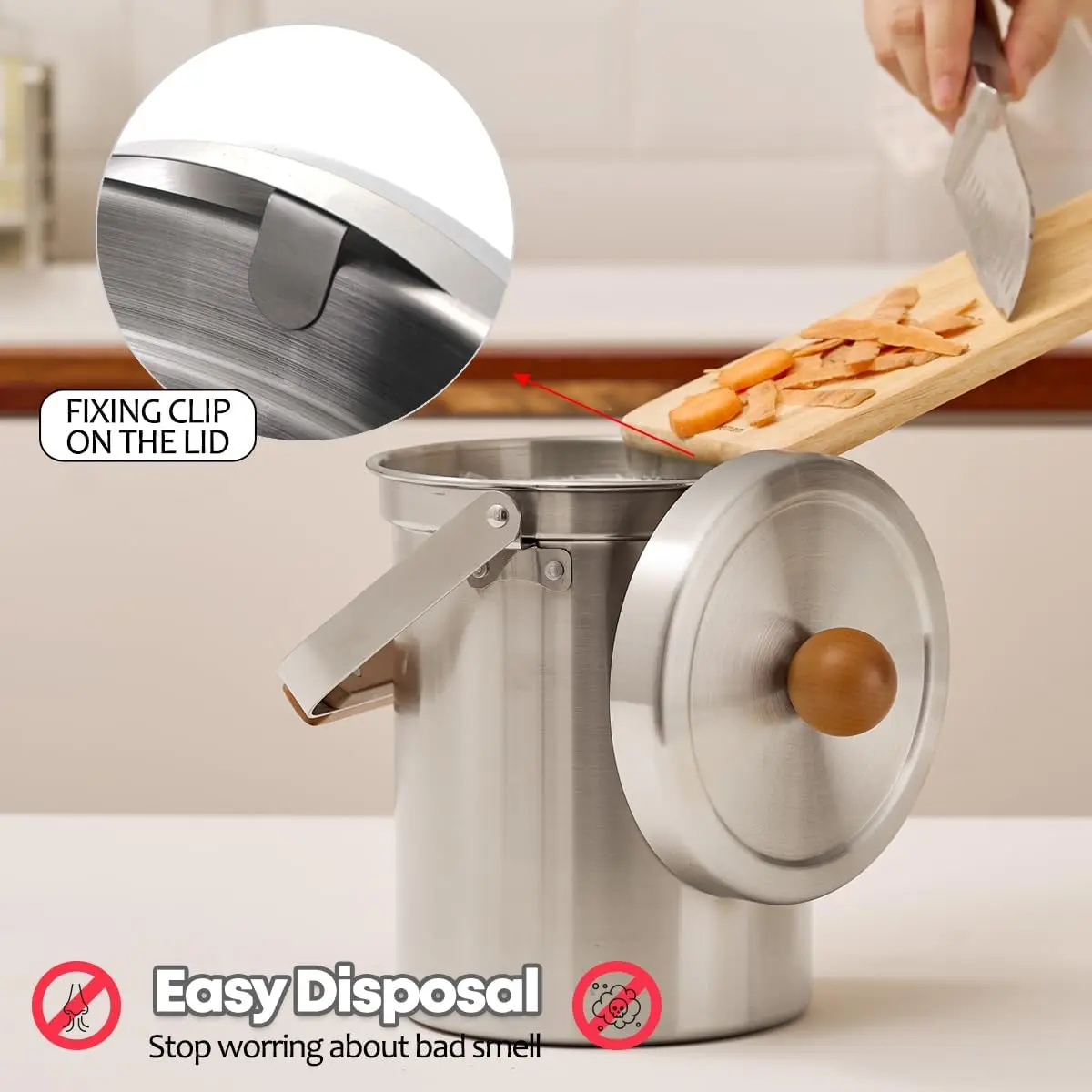 3L Stainless Steel Compost Bin with Airtight Lid, Odor-Free Kitchen Countertop Trash Can, Wooden Handle Design