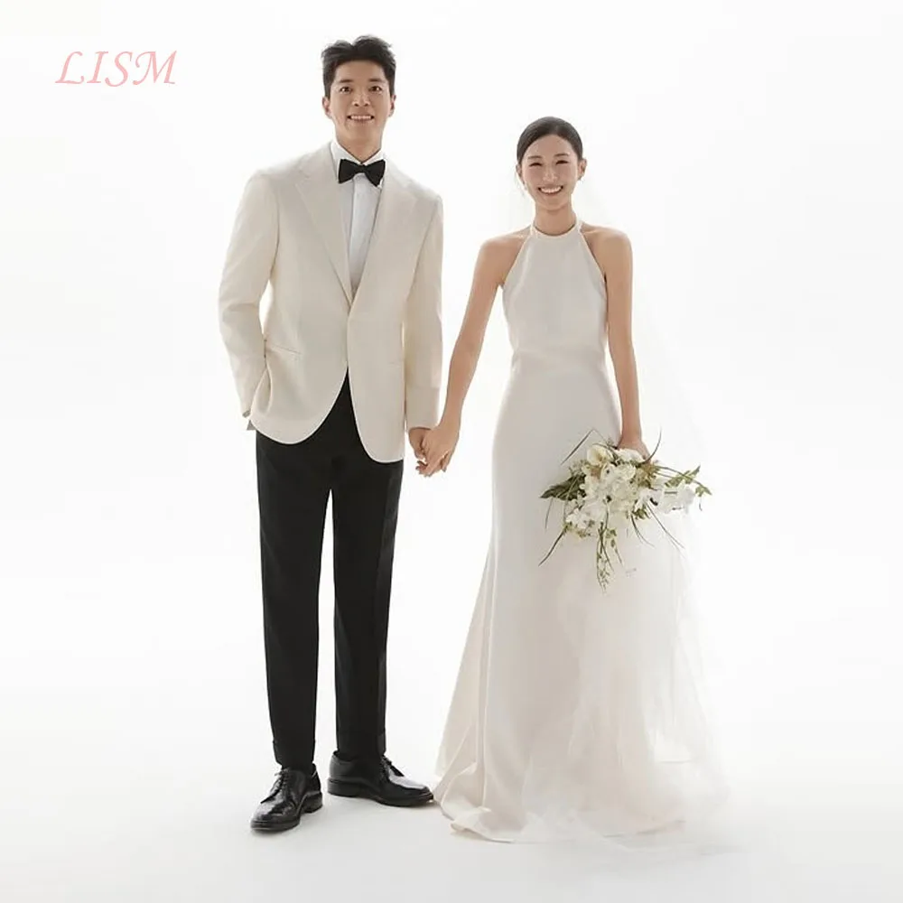 

LISM Холтер Простые трапециевидные платья с открытой спиной Корейские свадебные платья Фотосессия Шелковый атлас Элегантные свадебные платья 웨딩드레스 по индивидуальному заказу