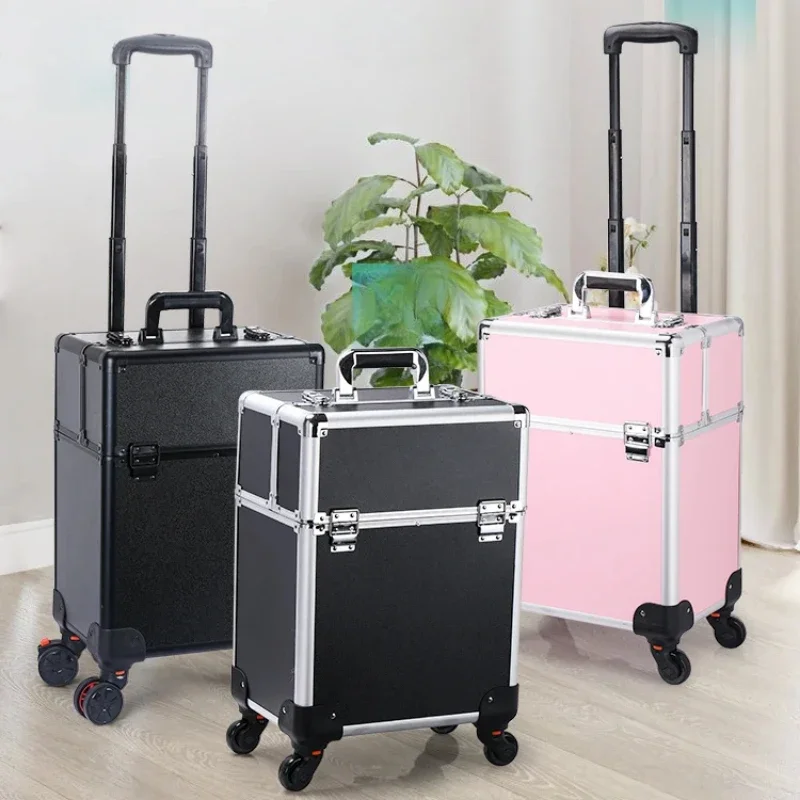 Aluminum Rolling Makeup Train Case Portable Makeup Organizer Suitcase with Locks Travel Beauty Trolley for Cosmetics Storage