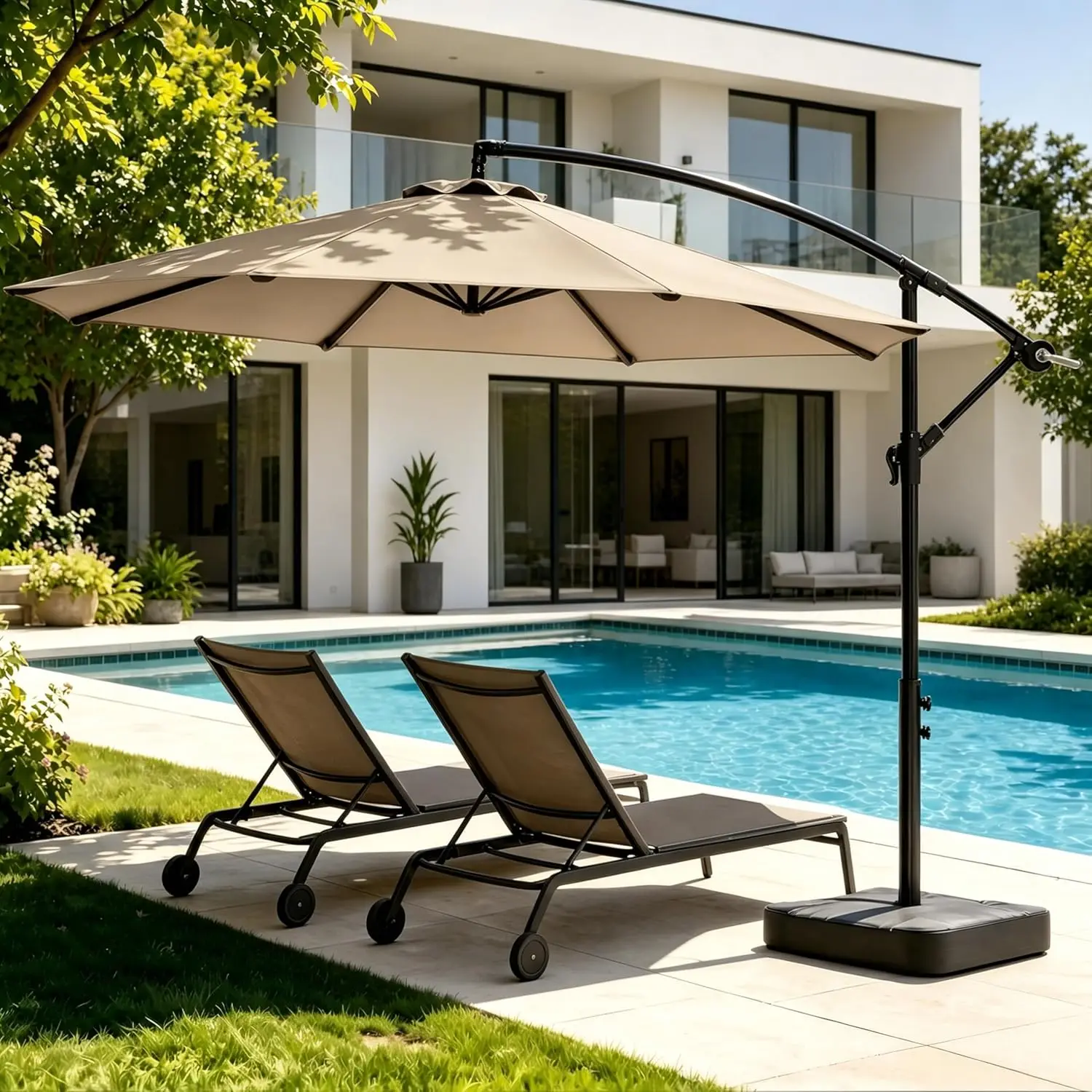 10 Foot Cantilever Offset Patio Umbrella With Base Included Outdoor Sunshade Canopy 360 Degree Rotation Infinite Tilt Heavy Duty 8 Rib Steel Frame Cream