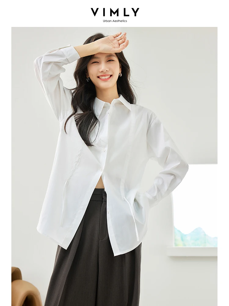 Vimly Cotton White Shirt Women\'s Long Sleeve Top 2024 Spring Fall Solid Casual Loose Lapel Shirts & Blouses Female Clothes M3208