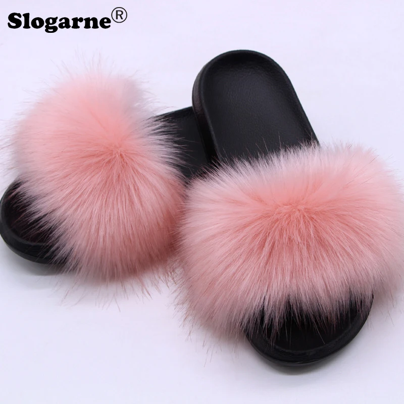 Fur Slippers Women 2024 Summer Faux Fox Fur Slippers Girls Luxury Cool Home Shoes Outdoor Sexy Furry Slides Sandals Flip Flops