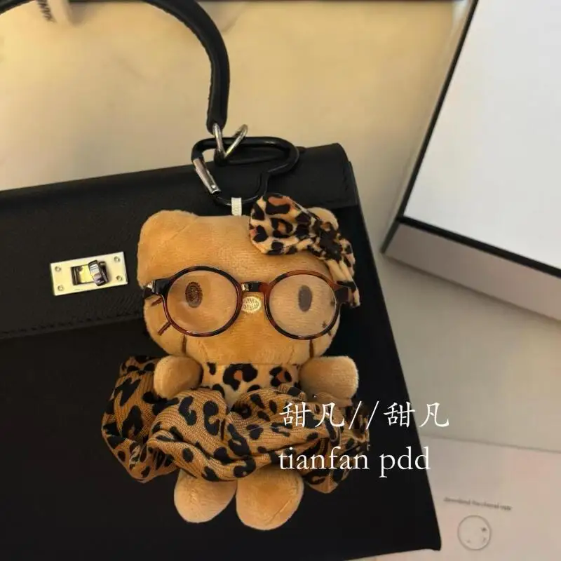 Sanrio Leopard Print Glasses Hello Kitty Plush Toy Pendant Bag and Car Interior Accessories Decoration Cartoon Keychain