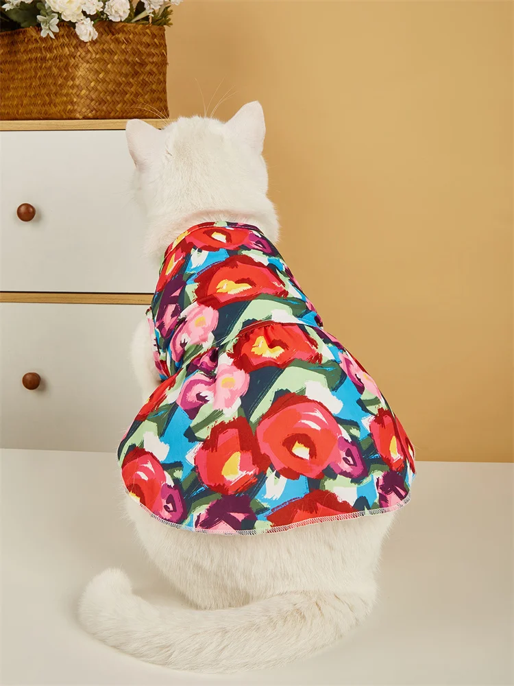 Gaun anjing motif bunga, baju anjing kucing lucu, baju Tutu rok kucing untuk anjing kucing kecil sedang besar