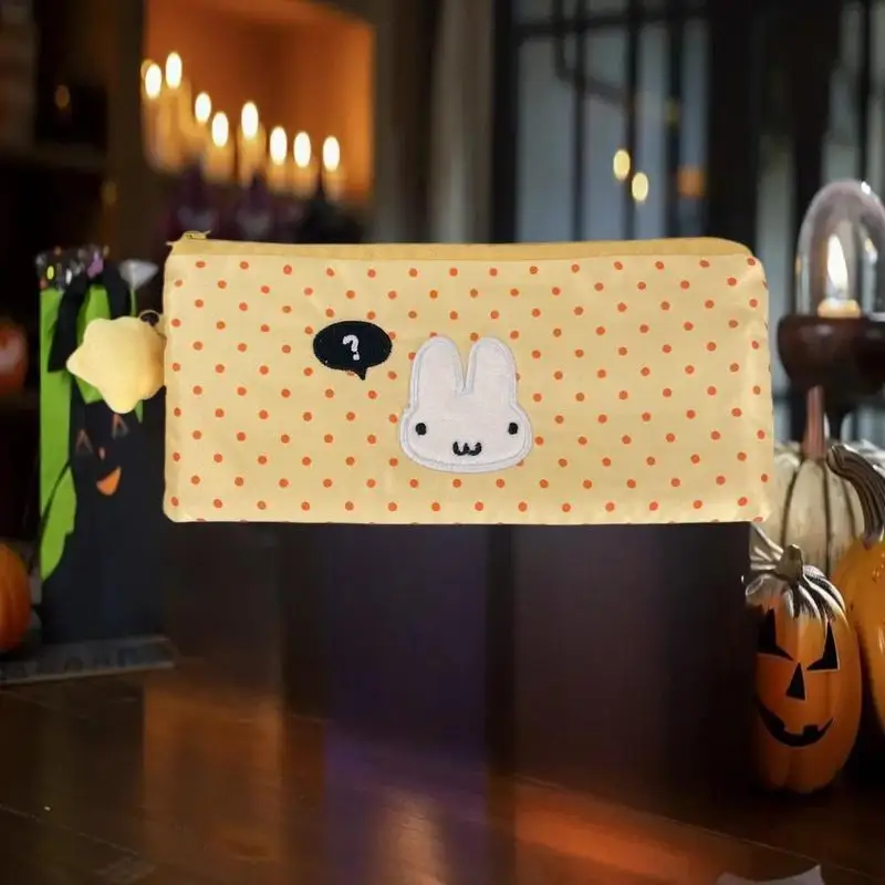 Pack Multi-purpose Milk Yellow Polka Dot Rabbit Pencil Case with Mesh Pockets and Large Capacity