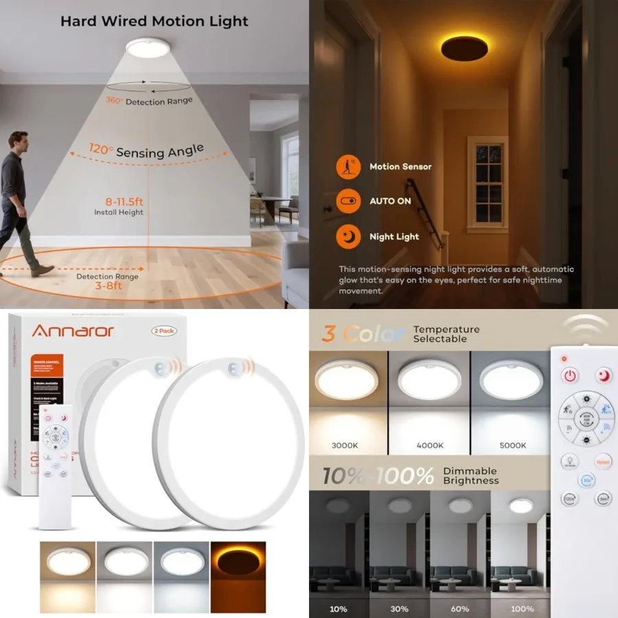 

Motion Sensor Ceiling Light with Remote, 8.7 Inch Wired Motion Sensor Light Indoor 3000K/4000K/5000K, 1800LM Dimmable Motion Ac