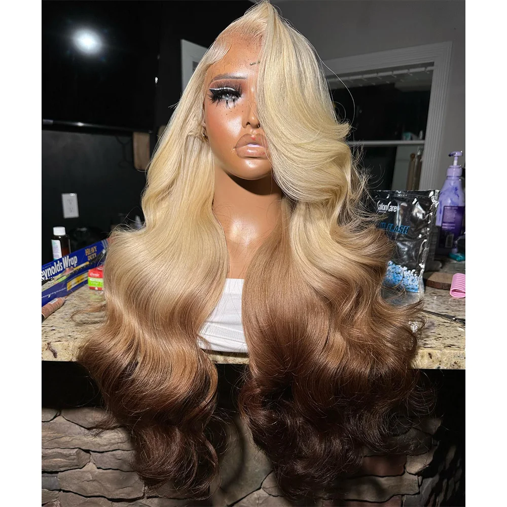 #4 Dark Brown Omber #613 Blonde Root Body Wave 13X6 Transparent Lace Frontal Human Hair Wig 180% Remy Preplucked Lace Wigs 34\