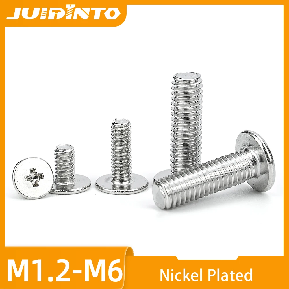 JUIDINTO 10-50pcs Cross Super Low Flat Head Screws Nickel Plated Phillips Ultra Thin Screws M1.2 M1.4 M1.6 M2 M2.5 M3 M4 M5 M6