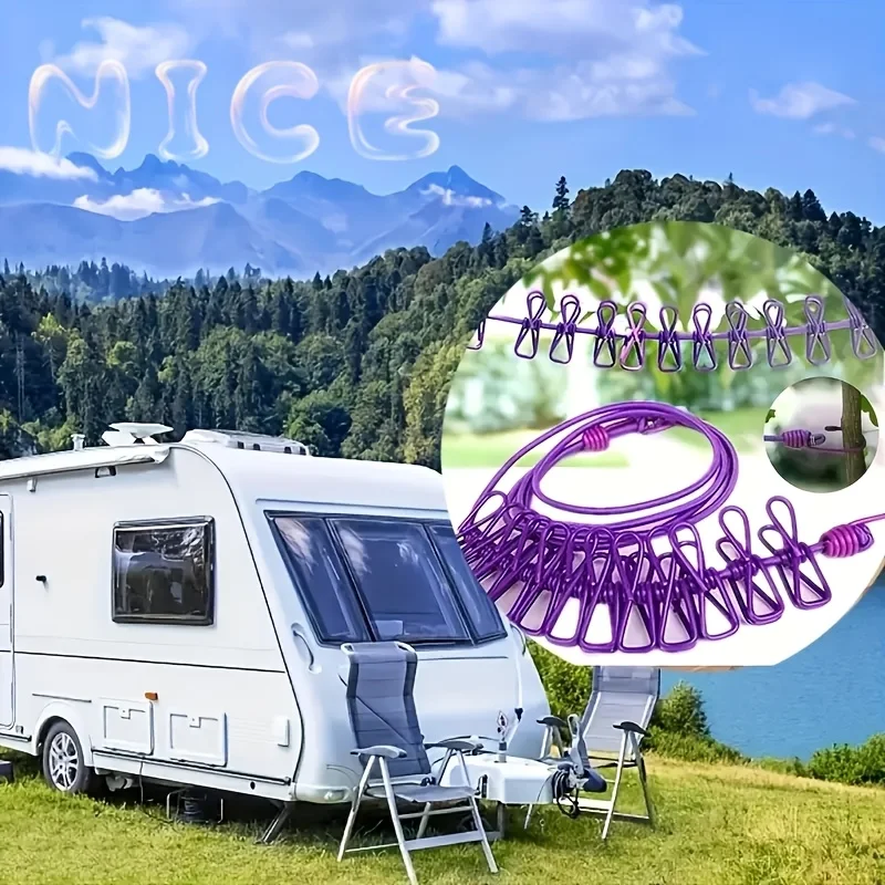 حبل غسيل محمول للسفر مع شماعات مرنة ومقاومة للرياح - رف تجفيف غسيل مدمج وقابل للطي ومتين للمنزل