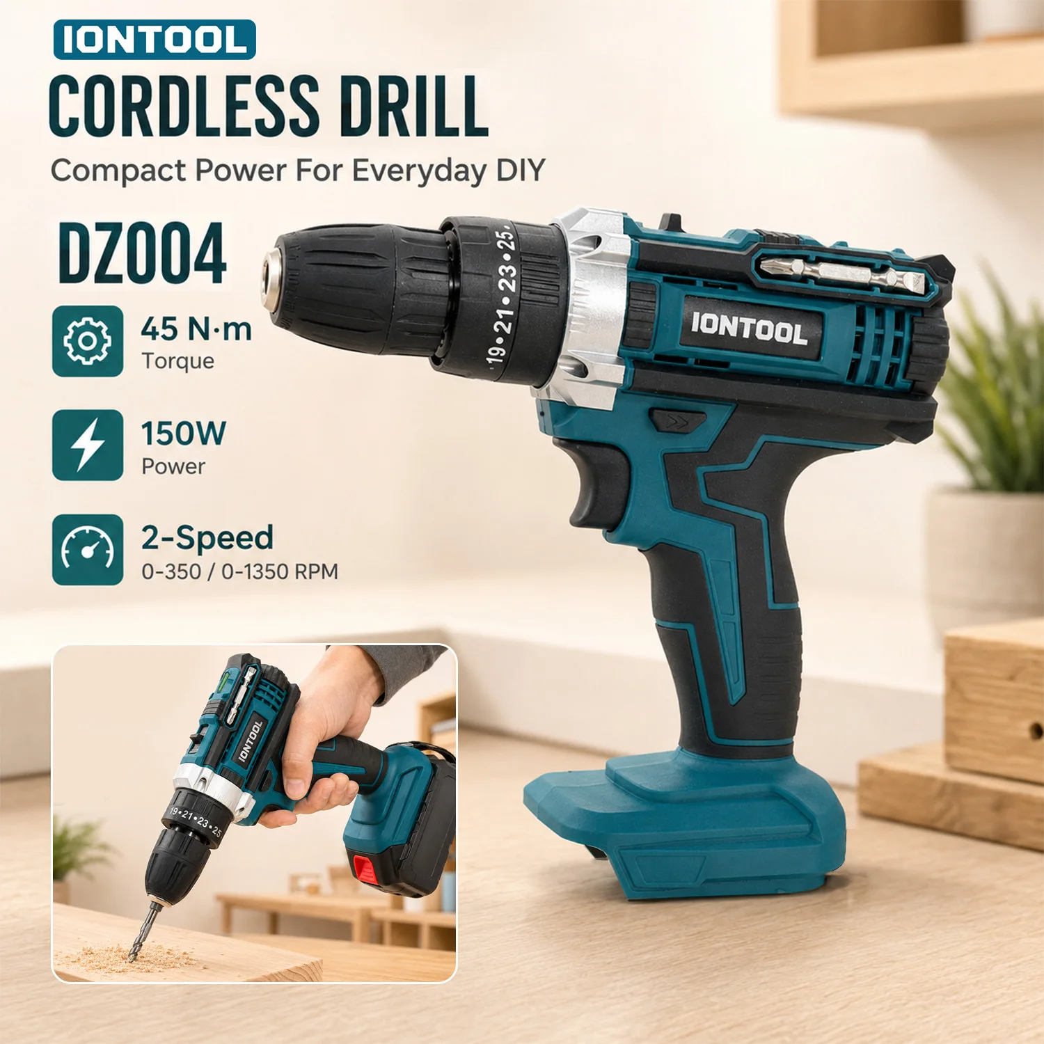 2026 IONTOOL Compact Durable Lightweight 45N.M Variable Speed Cordless Drill for Home DIY and Workshop Screw Power Tool