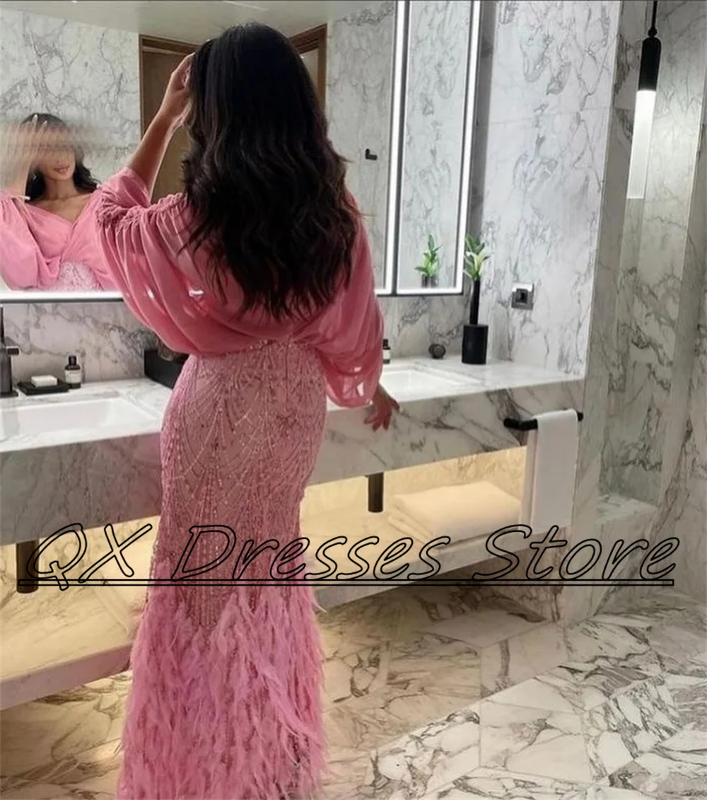 Customized Exquisite Prom Gown for Women V-Neck Long Sleeves Beading Feather Side High Slit Birthday Party Dresses فساتين للحفلا