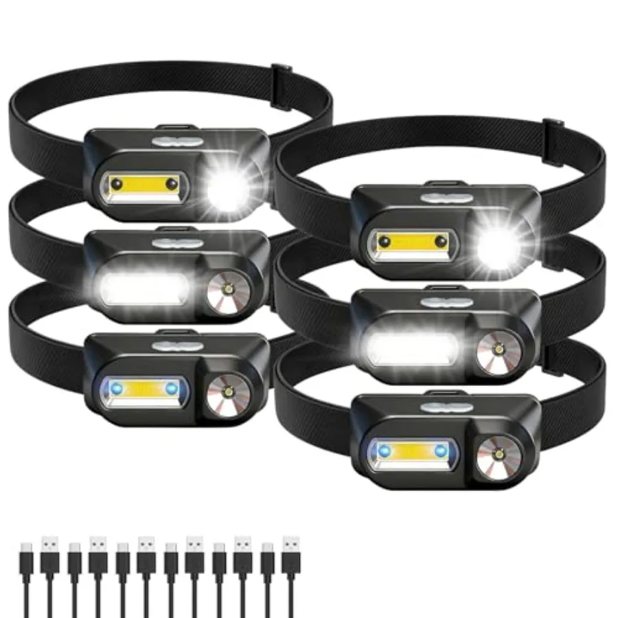

6Pack Headlamp Rechargeable 3000 Lumen Headlamps for Adults 90 Angles Adjustable XPE Headlamp and COB Spotlight Motion Sensor 9