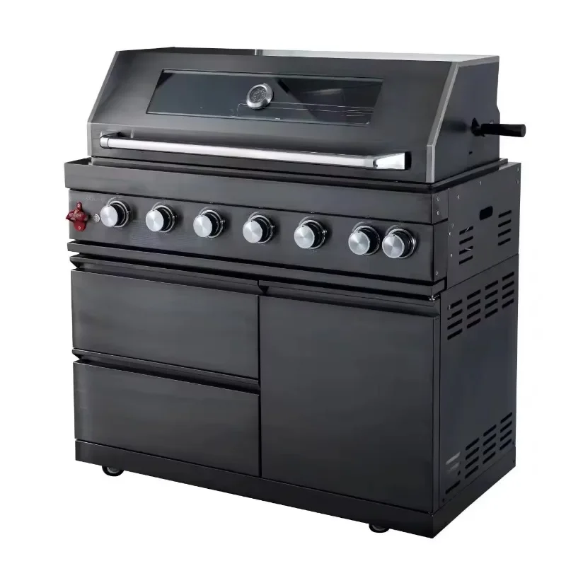 شواية المطبخ الخارجية على شكل جزيرة الشواء، خزانة شواء من الفولاذ المقاوم للصدأ باللون الأسود على شكل حرف L #2