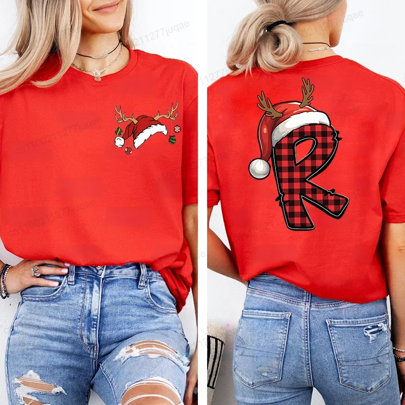 Christmas Tshirt for Women Funny Santa Alphabet Print Casual Street Wear Tee Gift Idea for Xmas Holiday Party Women's Clothing