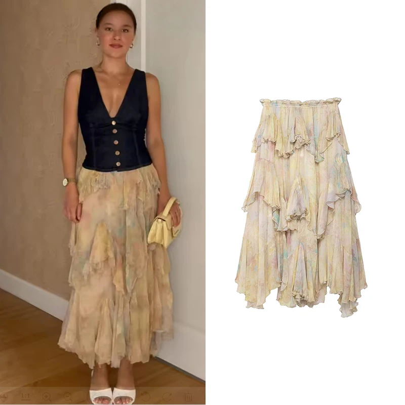 

Skirts Summer Women's 2025 New Fashion Print Cascading Elegant Travel Holiday Women Skirts Chic Street Youth Joker Summer Skirts