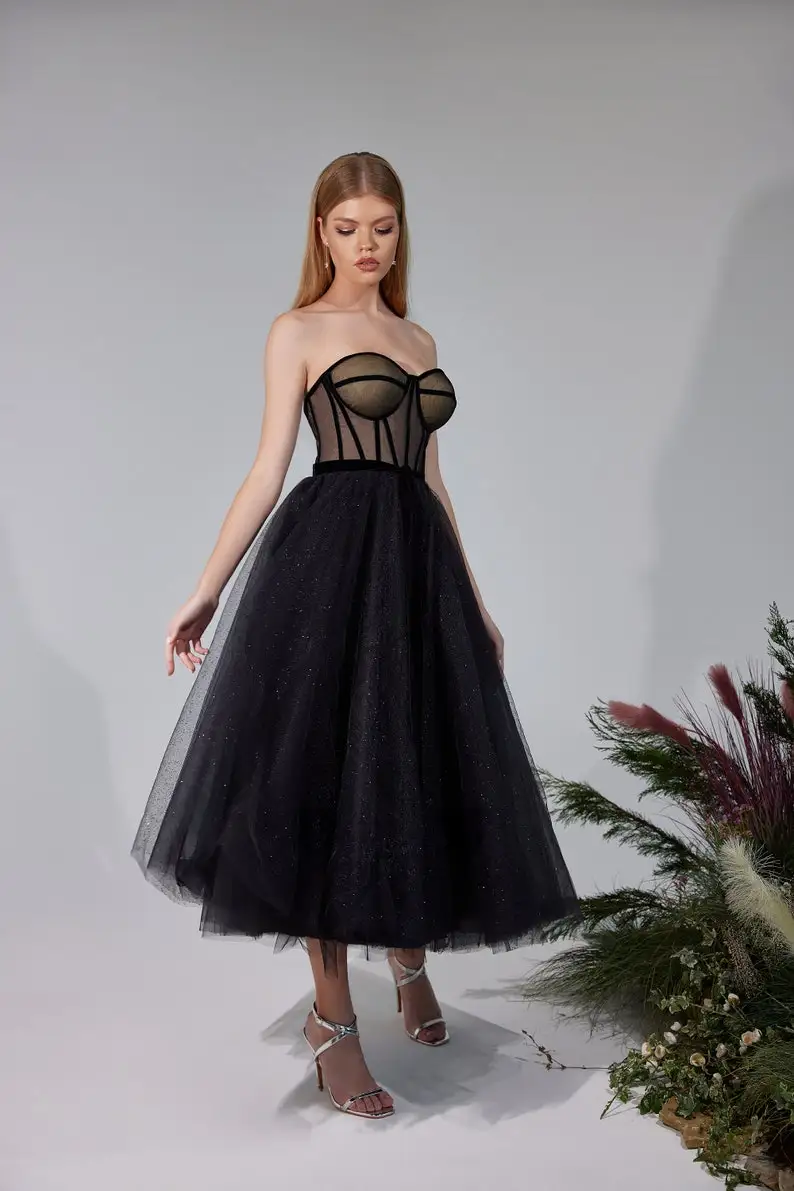 Black Evening Dress Glitters Tulle Strapless Sweetheart Tea-Length A Line Strapless Formal Party Prom Gowns Special Occasion