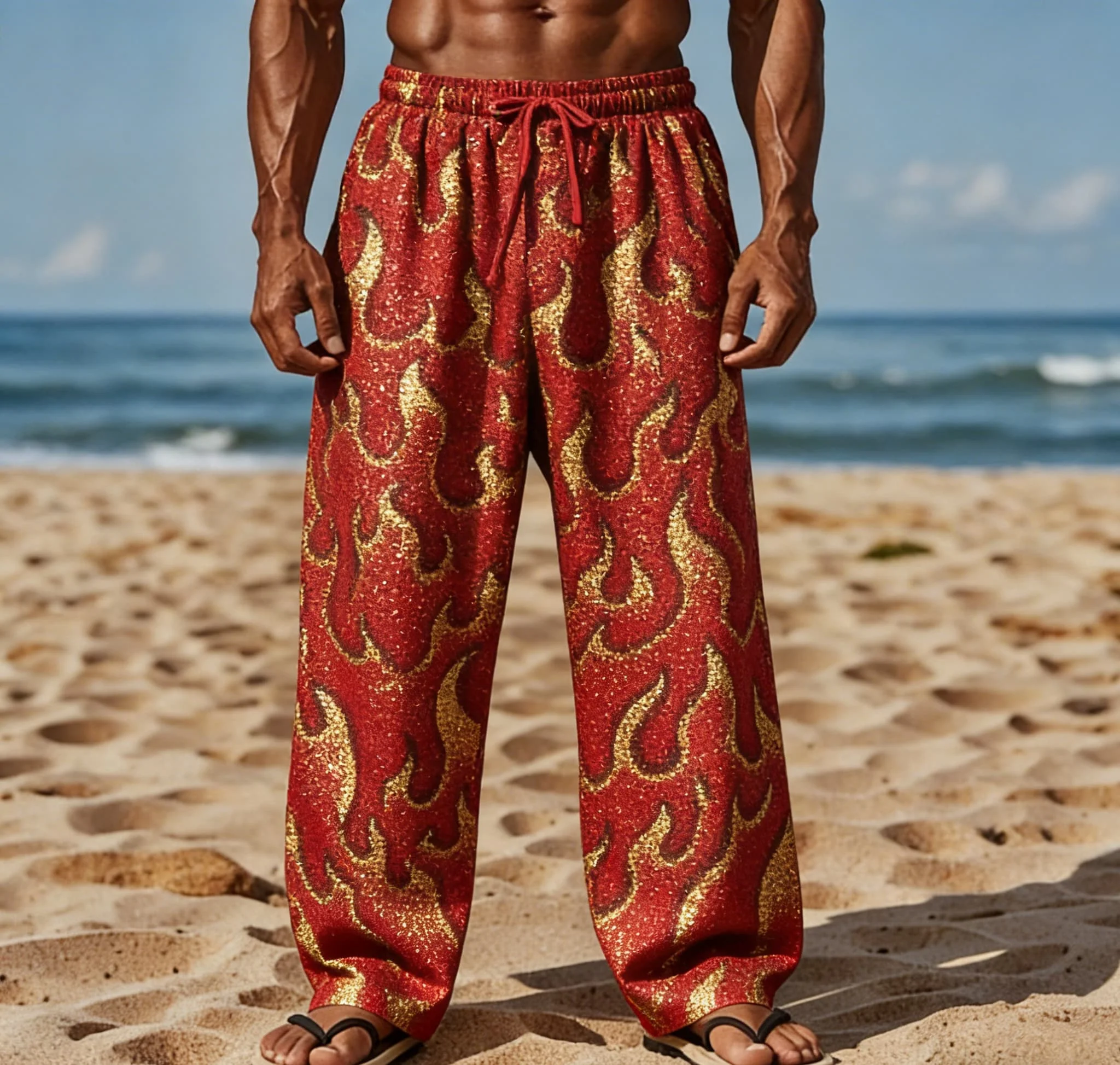 

Men's Summer New Style Thin Red Flame Print Straight Leg Pants, Loose Fit, Beach Vacation Style